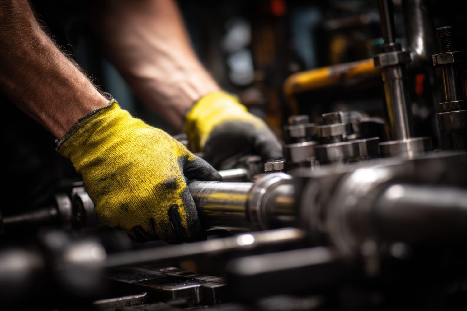 Technician repairs machine, hands and yellow gloves